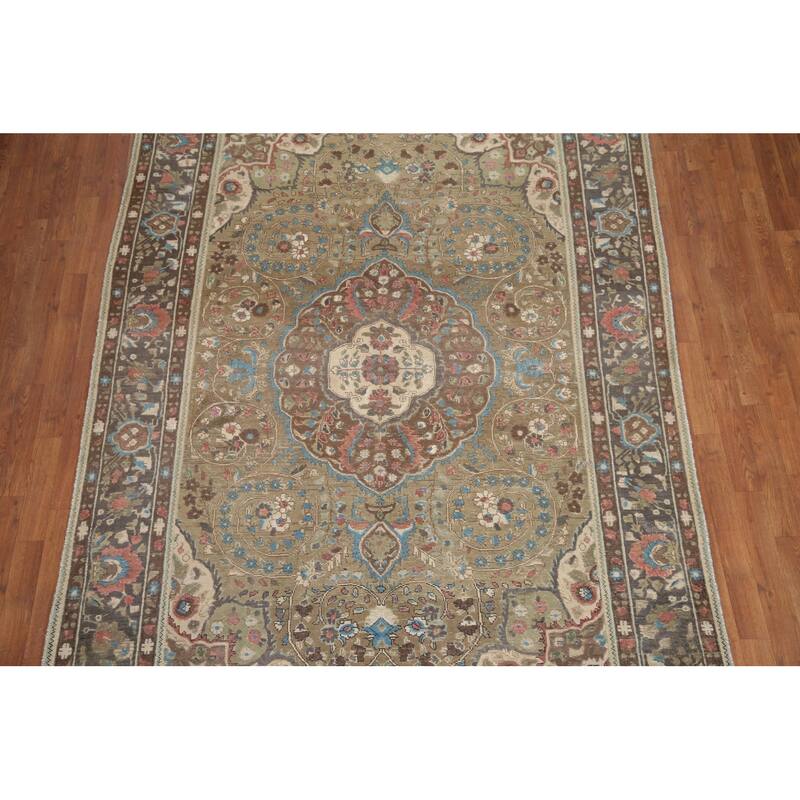 Hand Knotted Oriental 100% Wool Carpet Traditional Floral Green Tabriz Area Rug - 9' 5'' X 6' 4''