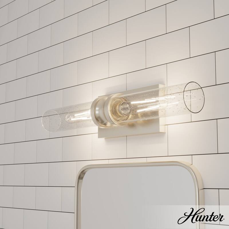 Hunter Lenlock Vanity Wall Light - Art Deco, Damp Rated - 22" - Brushed Nickel-Clear Seeded