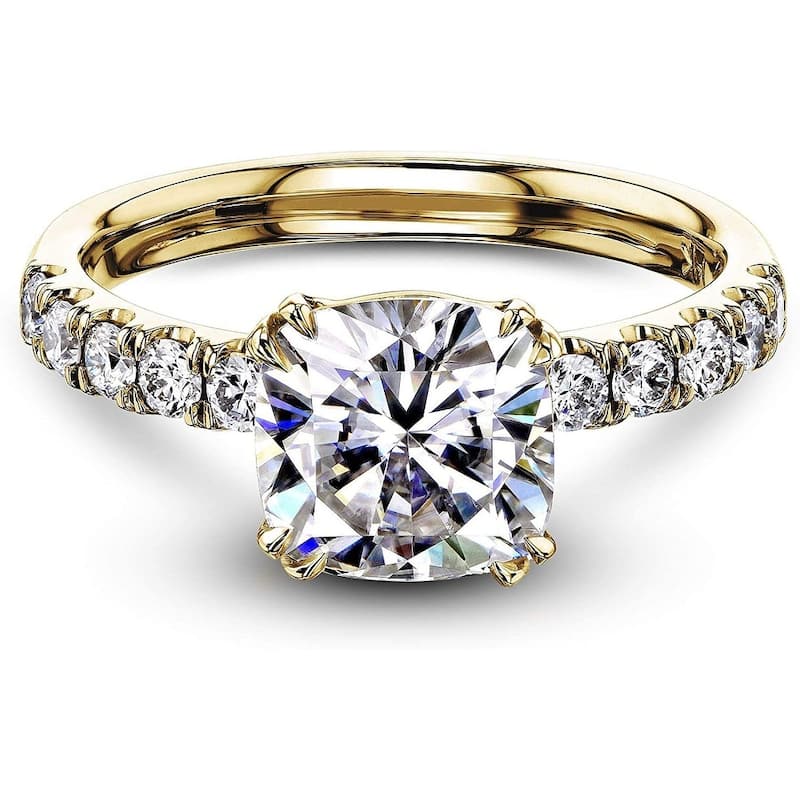 Kobelli 2.4 Carat Moissanite & Diamond 14k Solid Gold Cushion Comfort Fit French Pave Lyon Ring