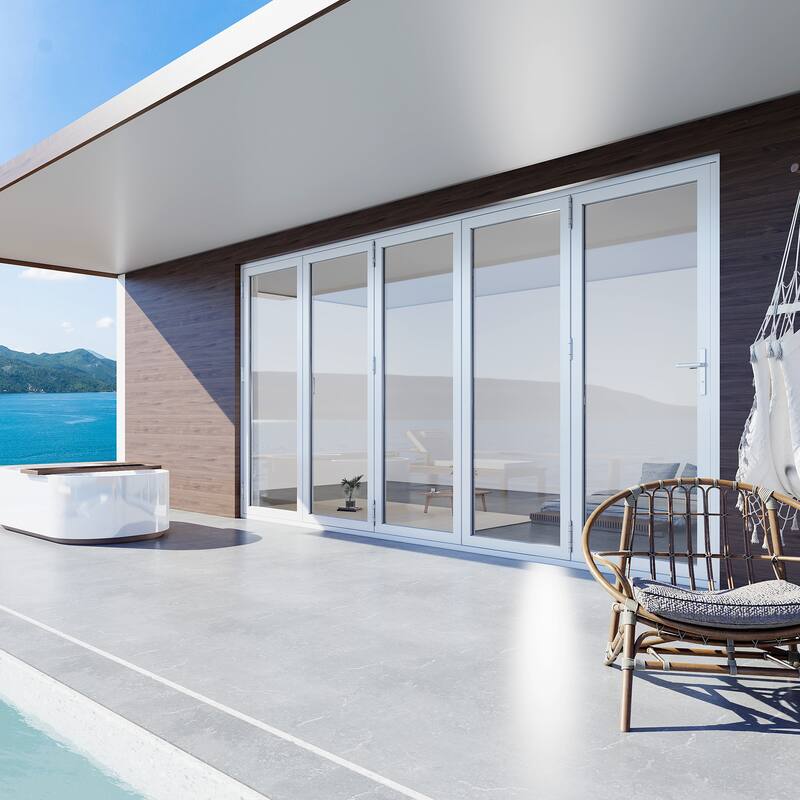 KaMic 168"×96" 5 Panels Aluminum Folding Door In White,Folded Out From Right To Left Model #:FD5PWH16896-RL