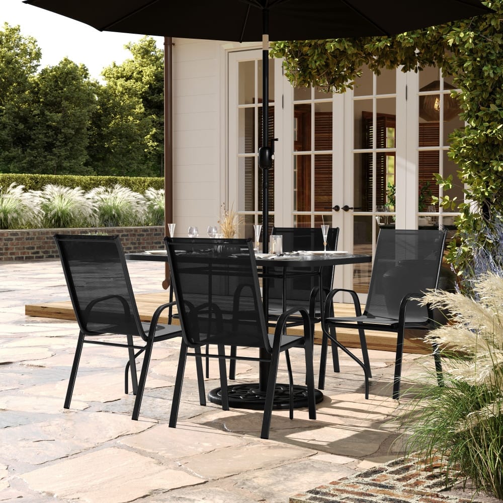 Commercial 5 Pc Outdoor Patio Dining Set with Glass Table and 4 Chairs