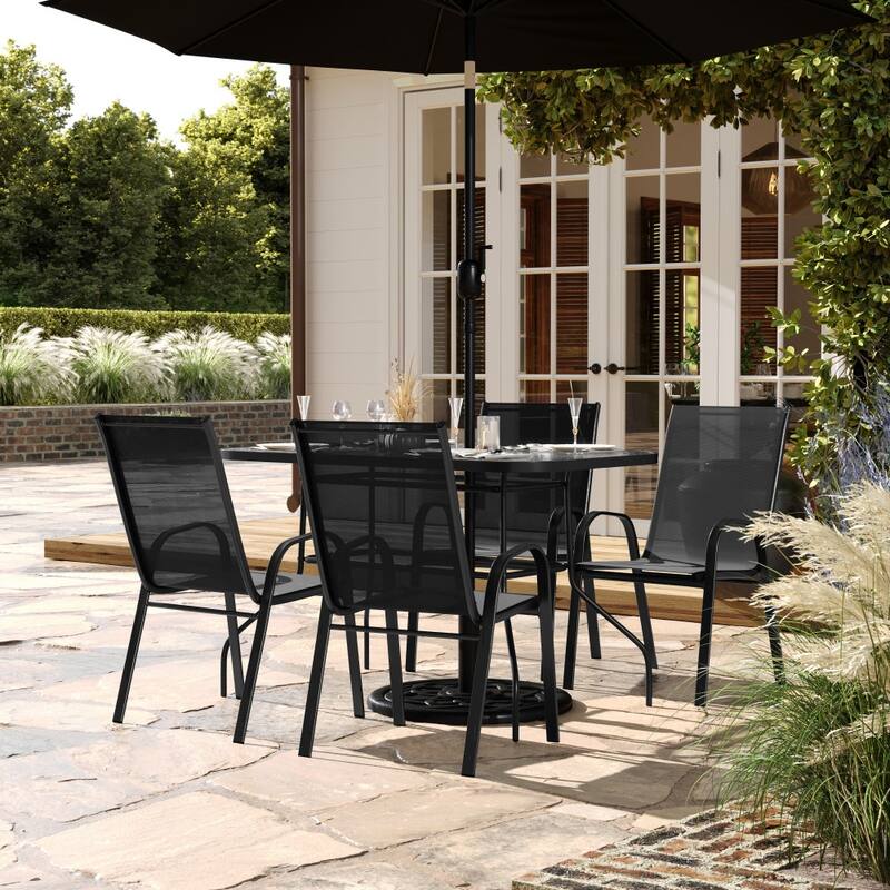 Commercial 5 Pc Outdoor Patio Dining Set with Glass Table and 4 Chairs - Black