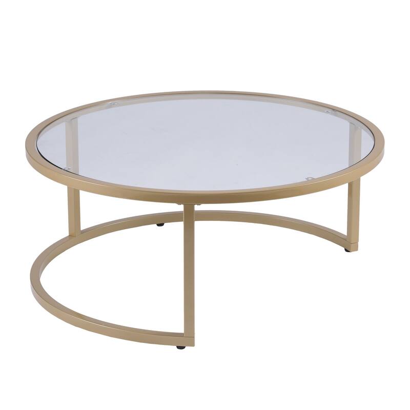 Set of 2 Gold Glass Round Nested Coffee Tables for Living Room or Office - 35.5” x 35.5” x 14.75”