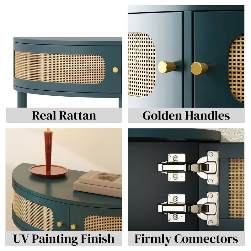 31.88" Half Moon Shaped End Table, Solid Wood Semi Circle Entryway Console Table with 2 Rattan Doors and Bottom Shelf