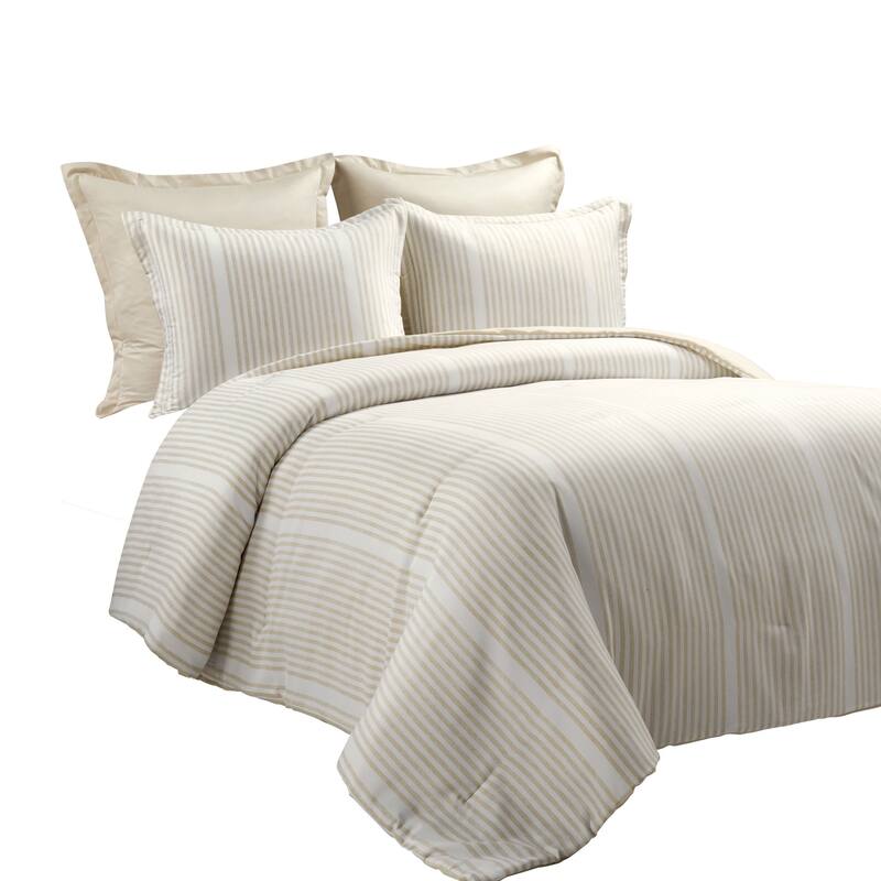 Lush Decor Farmhouse Drew Stripe Silver-Infused Antimicrobial 5 Piece Comforter Set - Neutral - Full - Queen