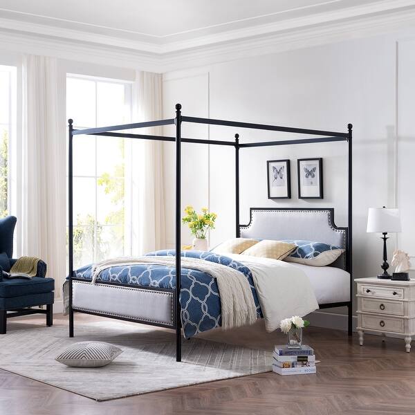 slide 7 of 10, Beechmont Queen Size Upholstered Canopy Bed by Christopher Knight Home Gray, Flat Black