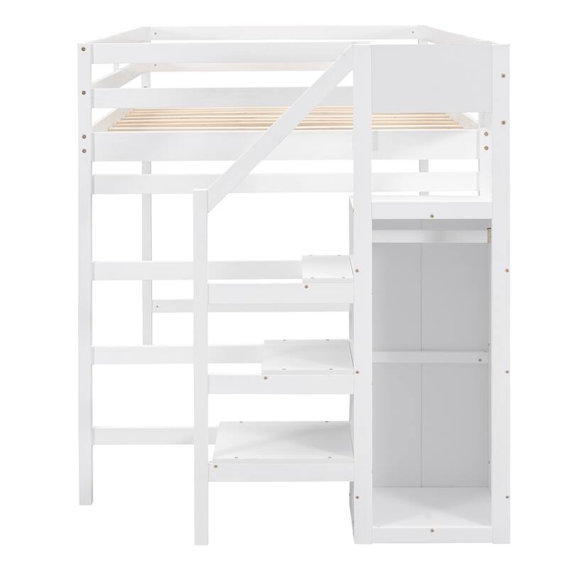 Full Size Pine Loft Bed with Storage Wardrobe & Multi-Functional Staircase (350lb Capacity)