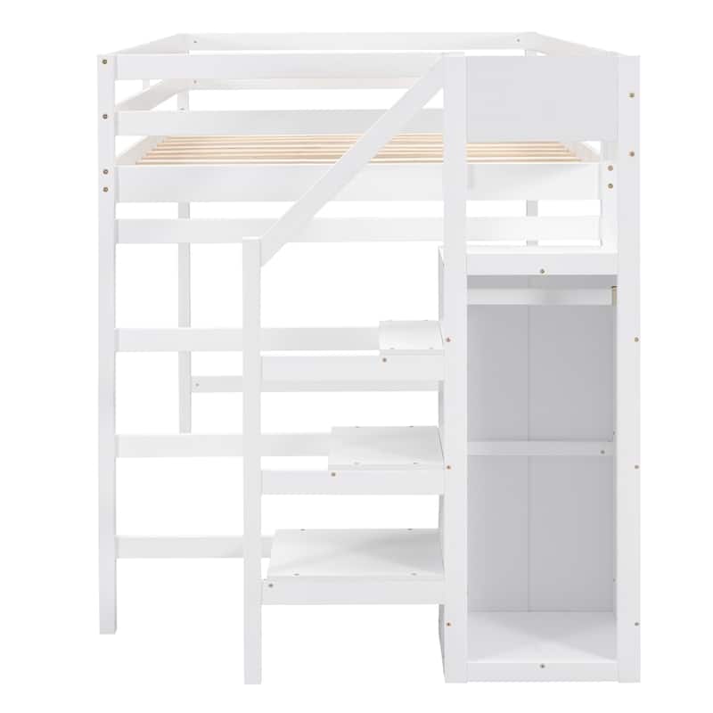 White Full Size Loft Bed with Storage Wardrobe & Staircase, Space-Saving Design
