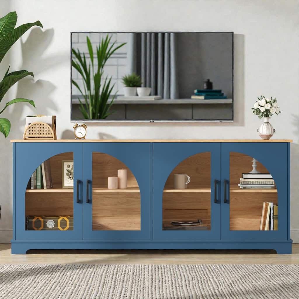 Farmhouse TV Stand for TVs up to 70 Inch with Arched Glass Doors, Two Tone Wood Grain Media Console with Shelves