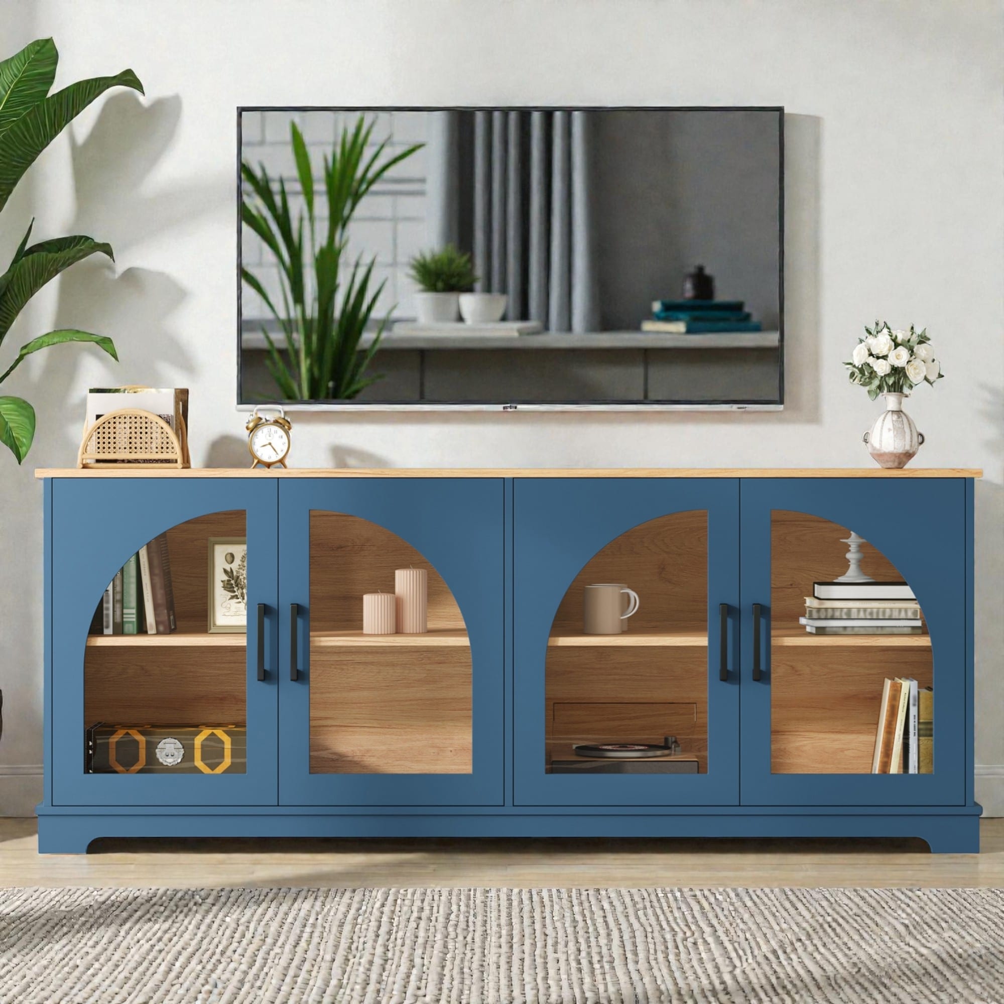 Farmhouse TV Stand for TVs up to 70 Inch with Arched Glass Doors, Two Tone Wood Grain Media Console with Shelves