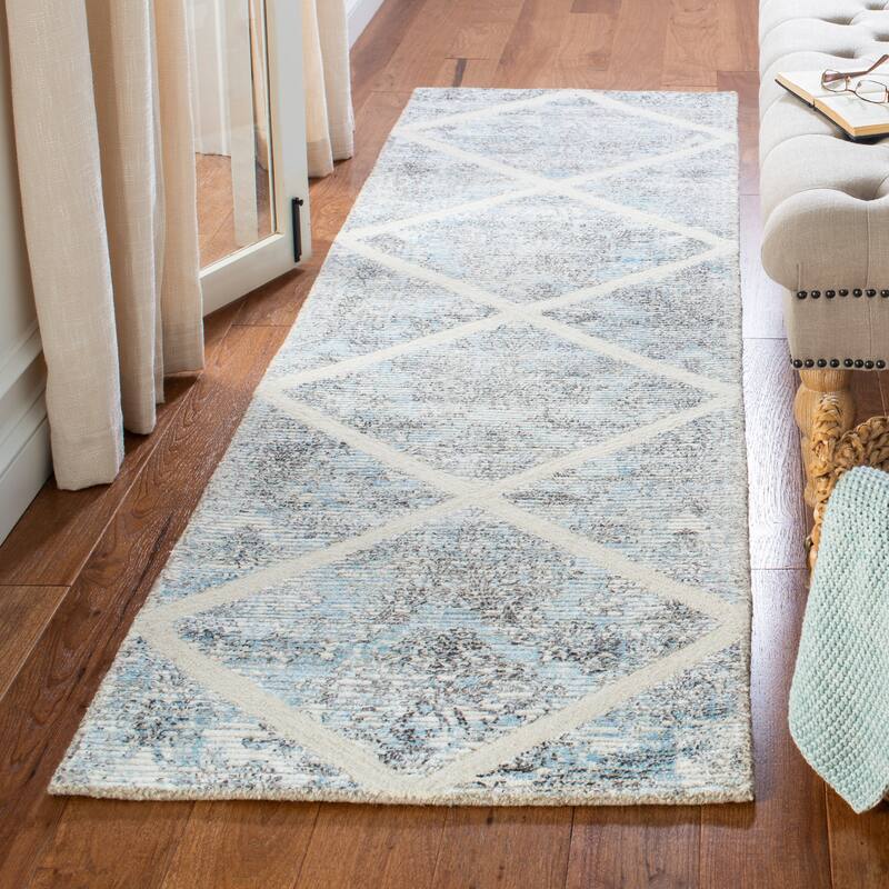 SAFAVIEH Handmade Artistry Riho Trellis Wool Rug - 2'3" x 9' Runner - Ivory/Blue