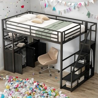 Black Metal Full Size Loft Bed with Storage and Wardrobe and Lockers for Home