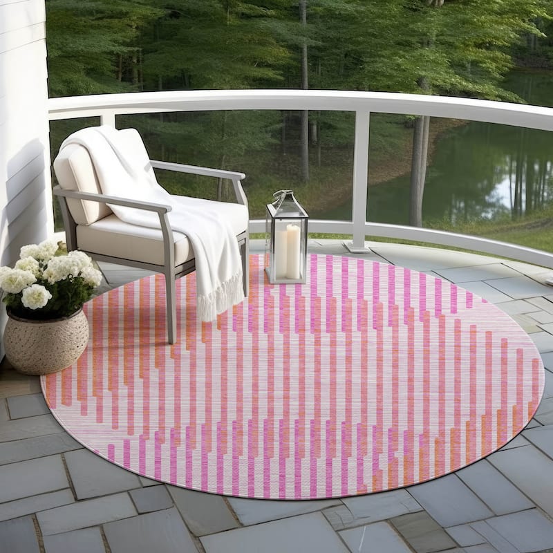 Machine Washable Indoor/ Outdoor Abstract Stripe Chantille Rug - Pink - 8' x 8'
