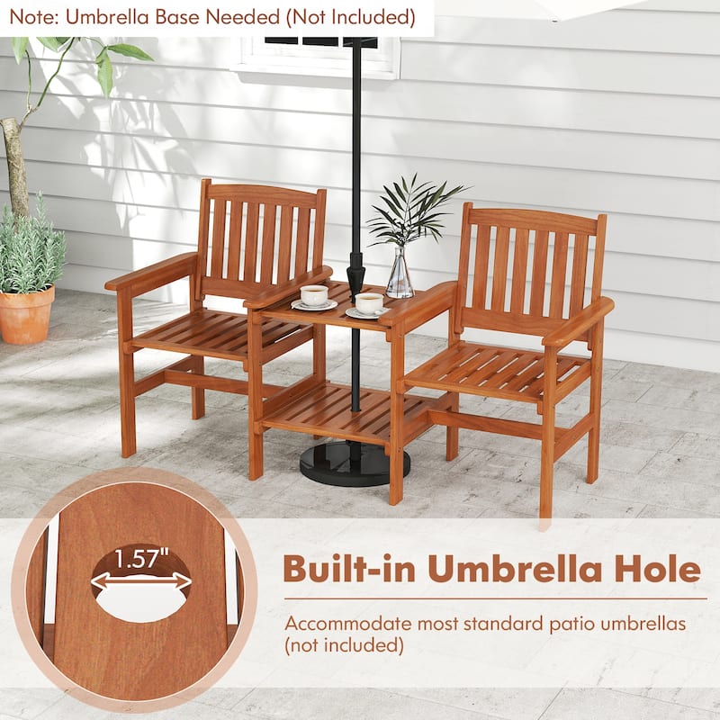 Outdoor Wooden Loveseat Bench with Built-In Table and Umbrella Hole Patio Seating for 2 People - 25" x 63" x 35"