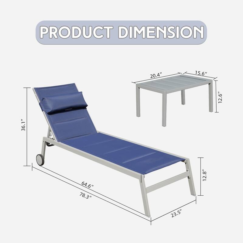 Outdoor Patio Chaise Lounge Set of 3, Aluminum Pool Lounge Chairs with Side Table & Wheels, Padded Adjustable for Poolside Beach