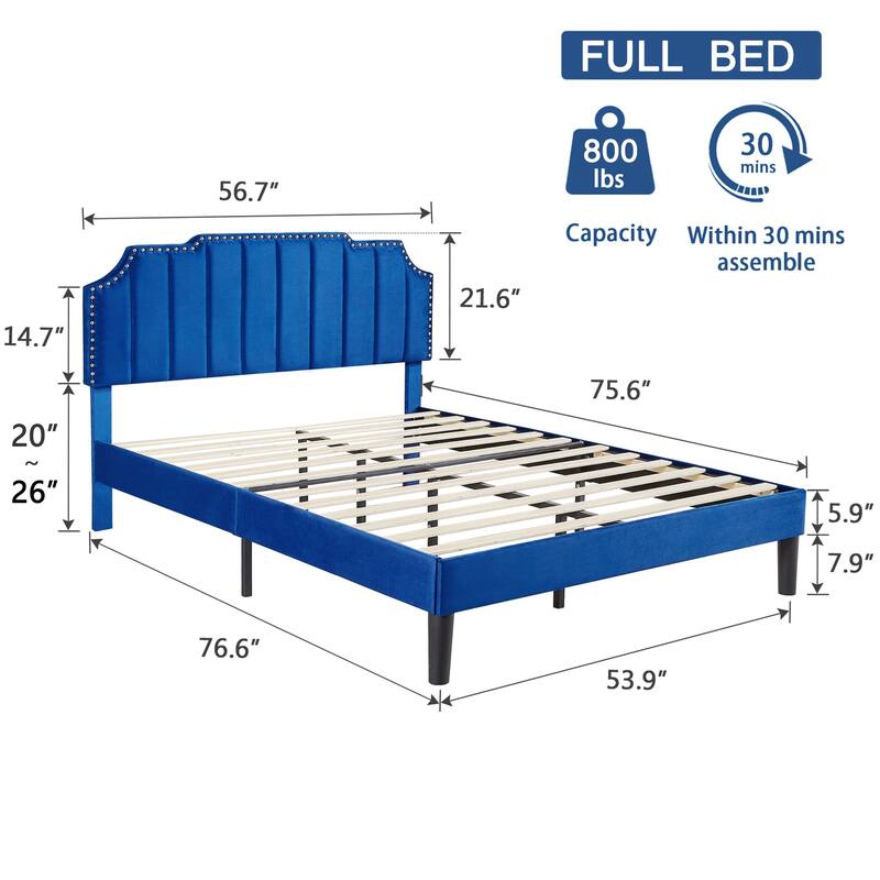 Javlergo Upholstered Platform Bed with Height Adjustable Nailhead Trimmed Curved Headboard Heavy Duty No Box Spring Needed Bed
