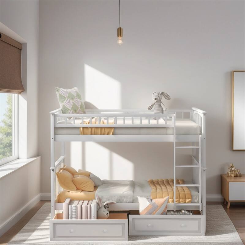 Twin Over Twin Wood Bunk Bed with Drawers and Guardrail - White
