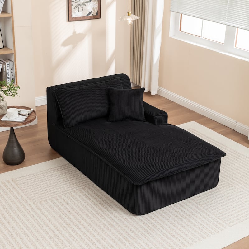 Oversized Chaise Lounge Chair, Upholstered Sofa Bed for Living Room, Corduroy Sleeper Couch Comfy Recliner Bedroom Reading Seat - Black-Right Facing
