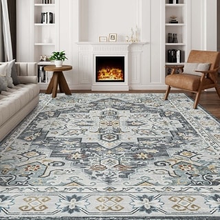 Non-Slip Machine Washable Grey Yellow Cream Multicolor Area Rug