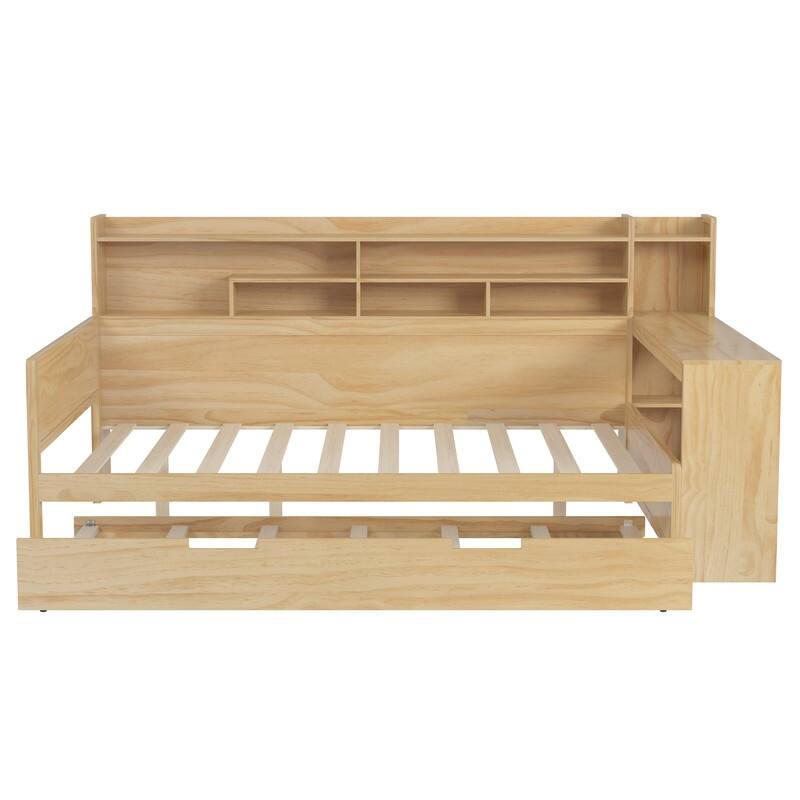 Twin/Full Size Multifunctional Daybed with Storage Shelves and Desk, Wooden Platform Bed Frame with Twin Size Trundle