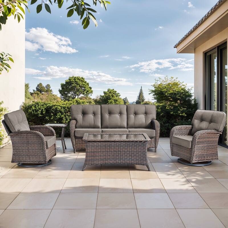 Gymojoy Outdoor Wicker Patio Furniture Set, 5" Thick Cushioned Rattan Set with Swivel Chairs & Coffee Table - Brown Wicker / Grey Cusion - 5-Piece