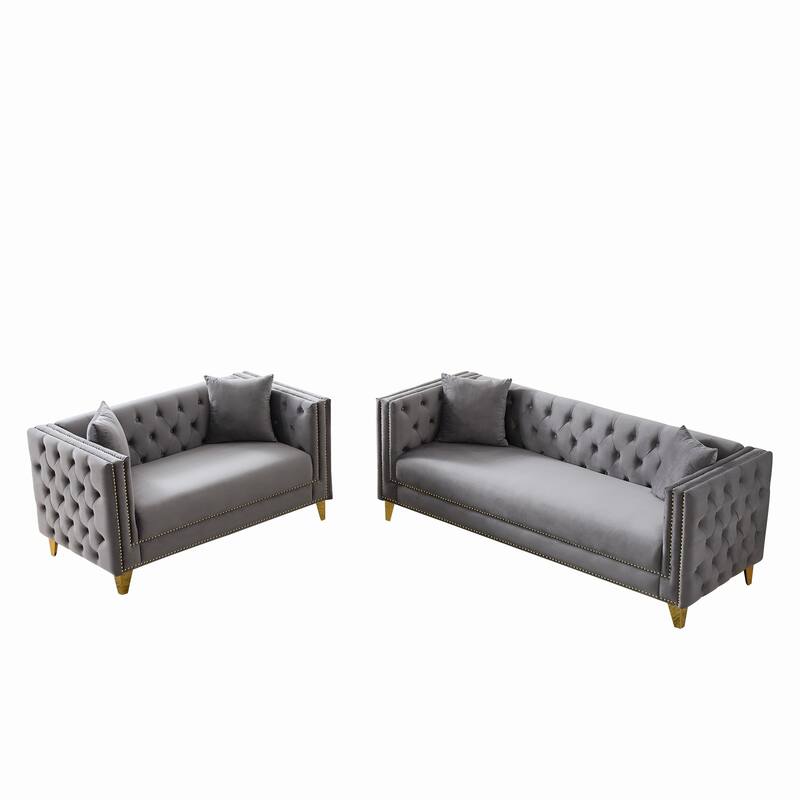 Roomfitters 80" and 58" Modern Tuxedo Sofa and Loveseat Set, Buttoned Back Couch with Gold Legs and Nailhead Trim