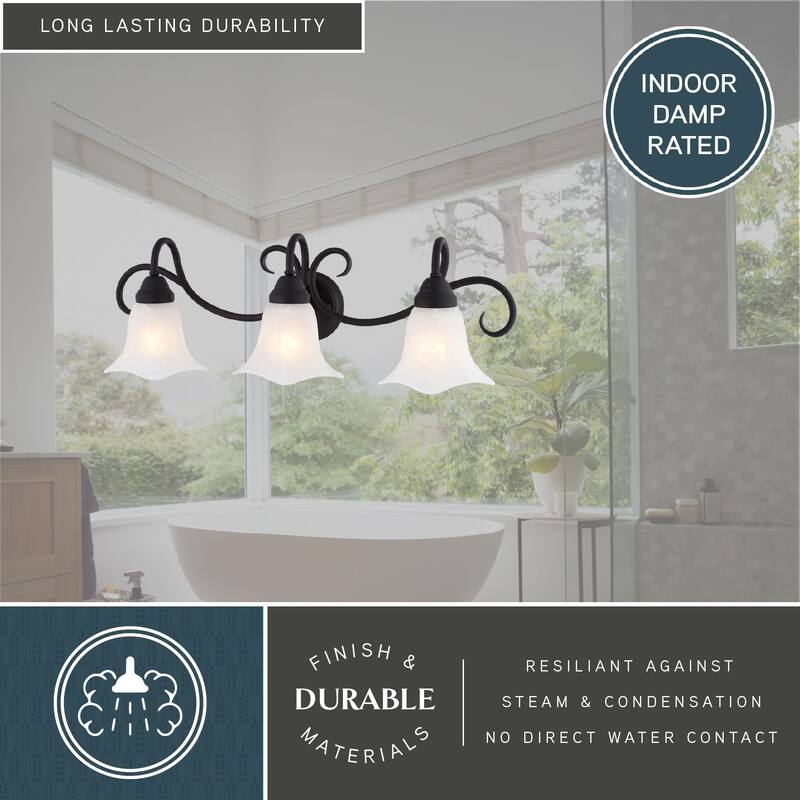 VAXCEL Bella Matte Black Bathroom Vanity Lighting Wall Fixture, White Alabaster Glass Shade, Dimmable, LED Compatible