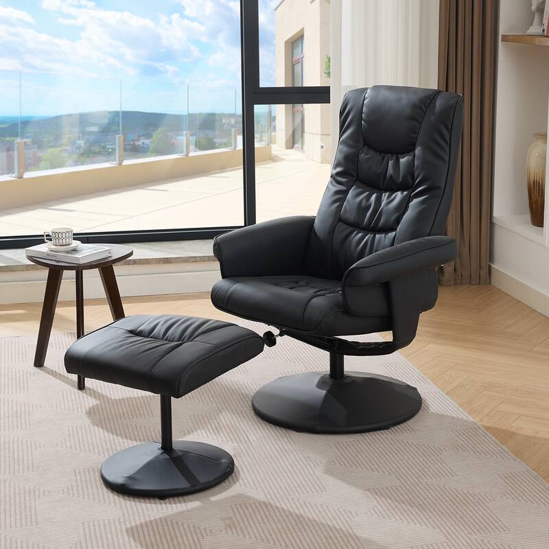 Recliner Chair with Ottoman - 360° Swivel Massage Lounge Chair with 5-Point Vibration & Heated Seat, 140° Adjustable PU Recliner