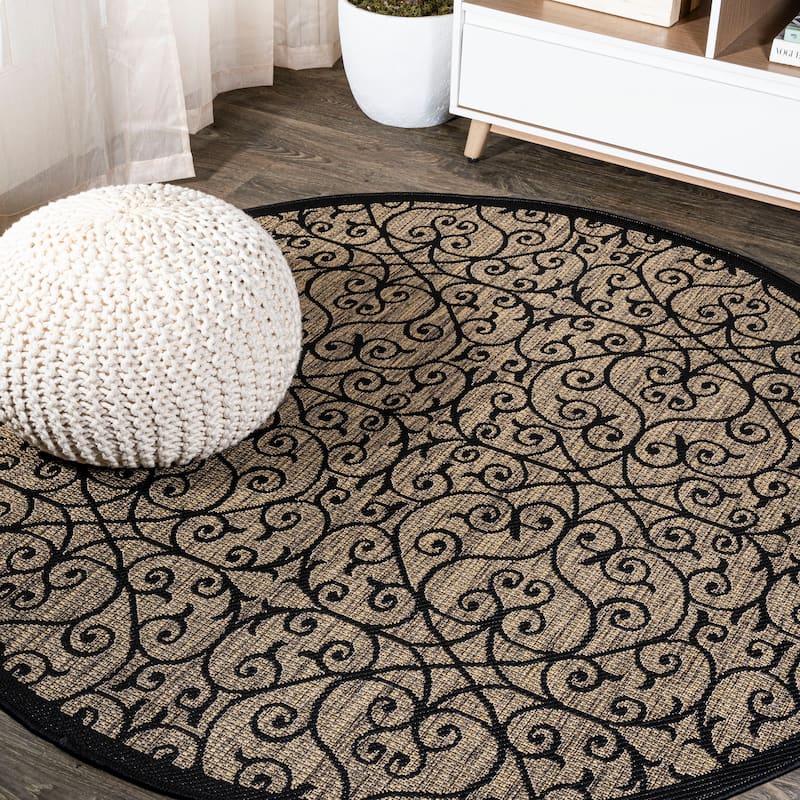 JONATHAN Y Ourika Textured Weave Indoor/Outdoor Area Rug - 7' Round - Black/Khaki