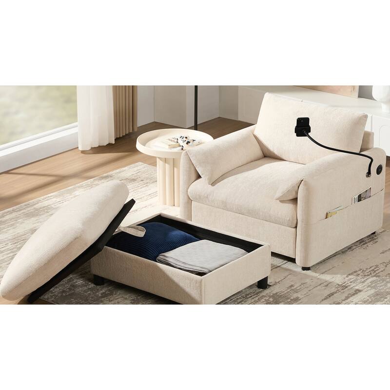 Roomfitters 37" Single Sofa with Storage Ottoman, Chenille Armchair with Phone Holder and Charging Ports, Lounge Chair