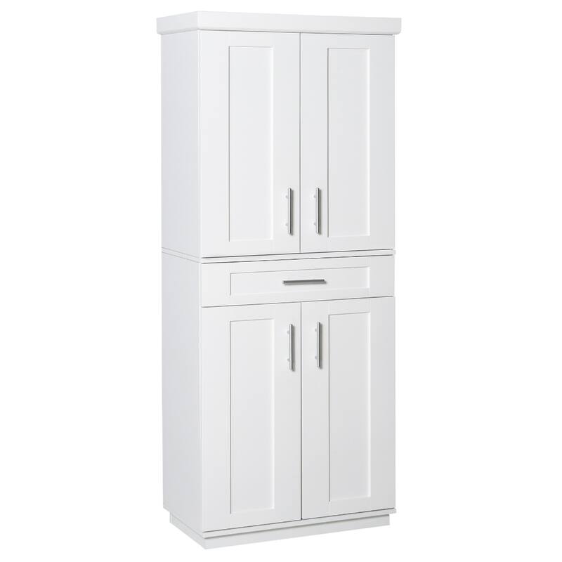 Space-Saving White Pantry Cabinet with Adjustable Shelves and Pull-Out Drawer for Home or Office - 30" W x 15.75" D x 72" H