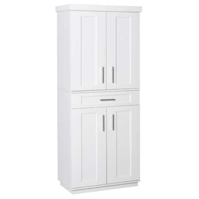 Space-Saving White Pantry Cabinet with Adjustable Shelves and Pull-Out Drawer for Home or Office - 30" W x 15.75" D x 72" H