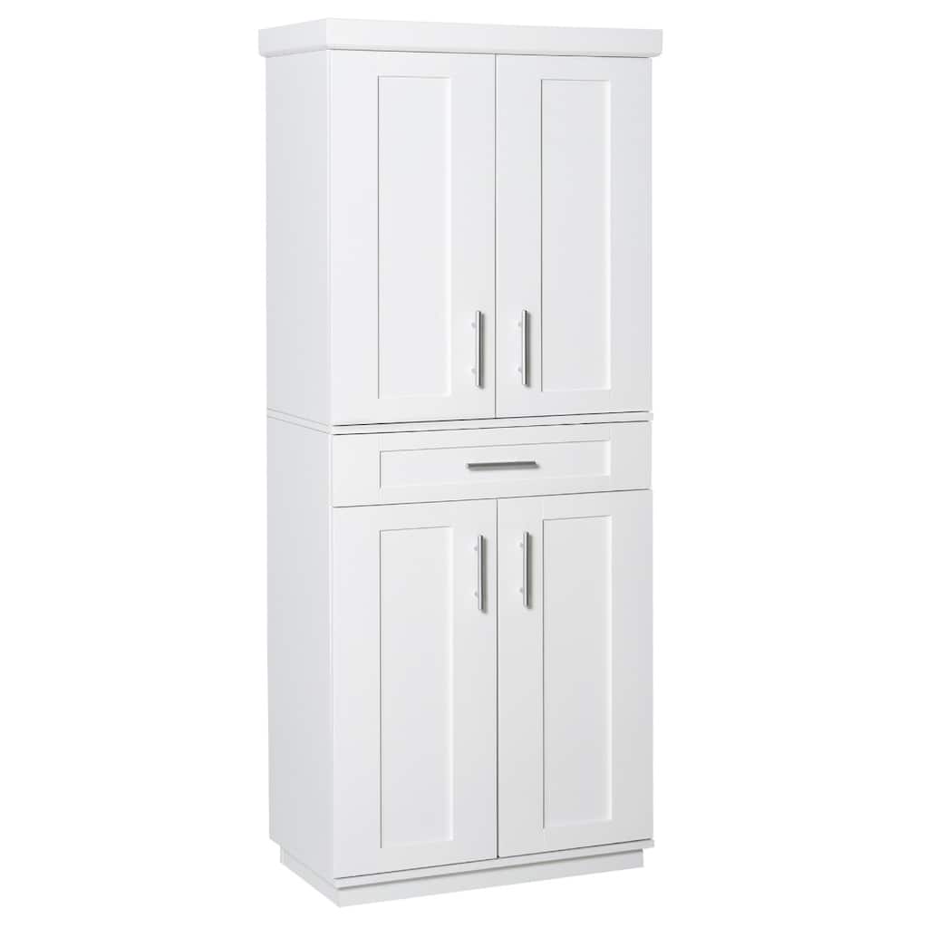 Space-Saving White Pantry Cabinet with Adjustable Shelves and Pull-Out Drawer for Home or Office - 30" W x 15.75" D x 72" H