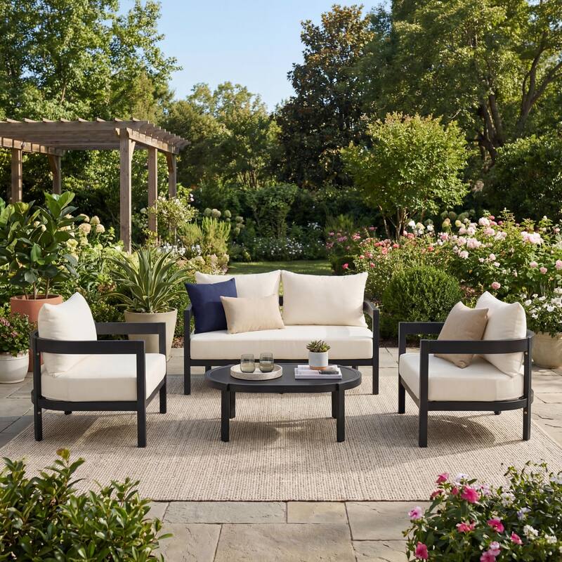Christopher Knight Home - Modern 4-Piece Outdoor Aluminum Patio Conversation Set with Oval Glass Coffee Table & Thick Cushions