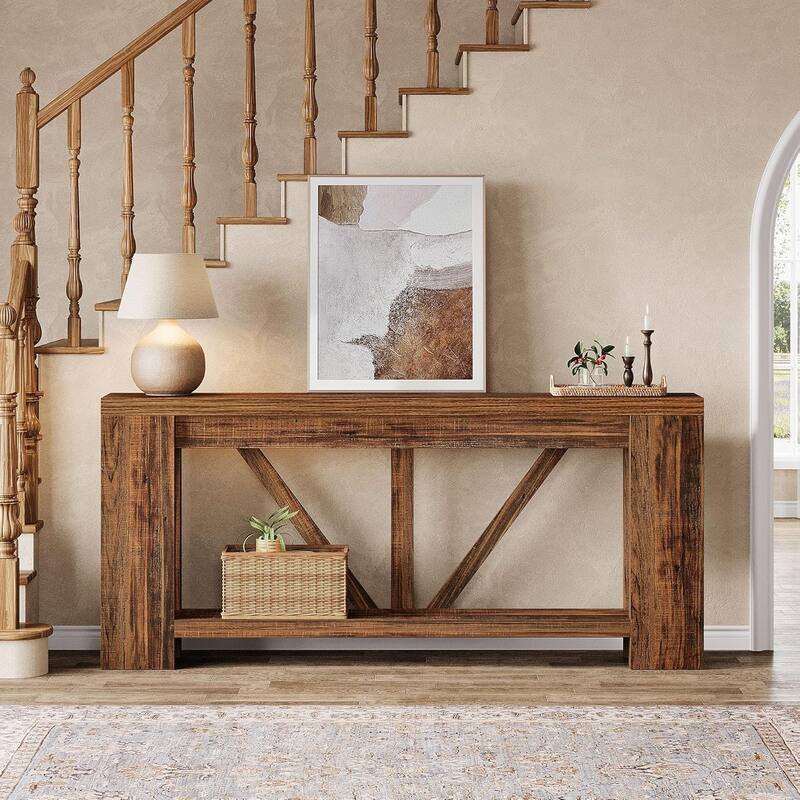 70.9 Inches Extra Long Console Table, 2 Tiers Farmhouse Entryway Sofa Table