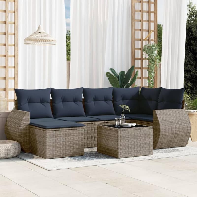vidaXL 6 Piece Patio Sofa Set with Cushions Grey Poly Rattan - 24.4" x 24.4" x 27.2" - Grey and blue With table