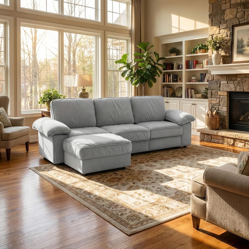 Upholstered L-Shaped Sectional Sofa Couch with Ottoman, Modern Fabric Deep Seat Sofa