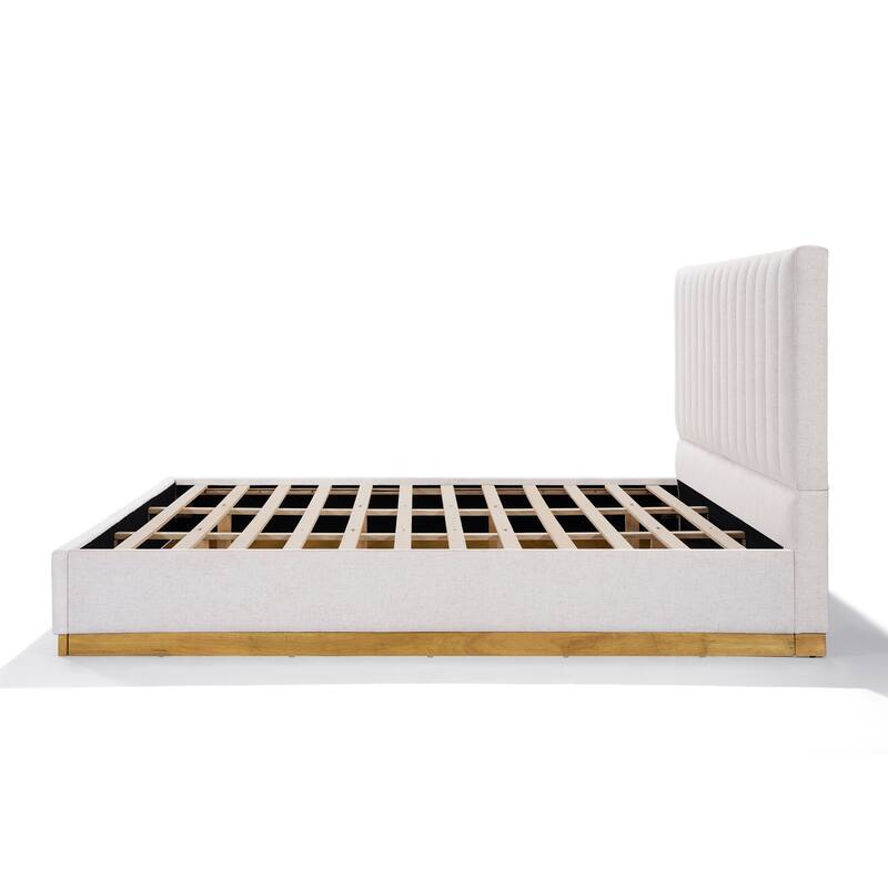 Upholstered Bed Frame Linen Fabric Platform Bed with 46''H Thick Headboard/Solid Wood Base/No Box Spring Needed/Noise Free/Beige