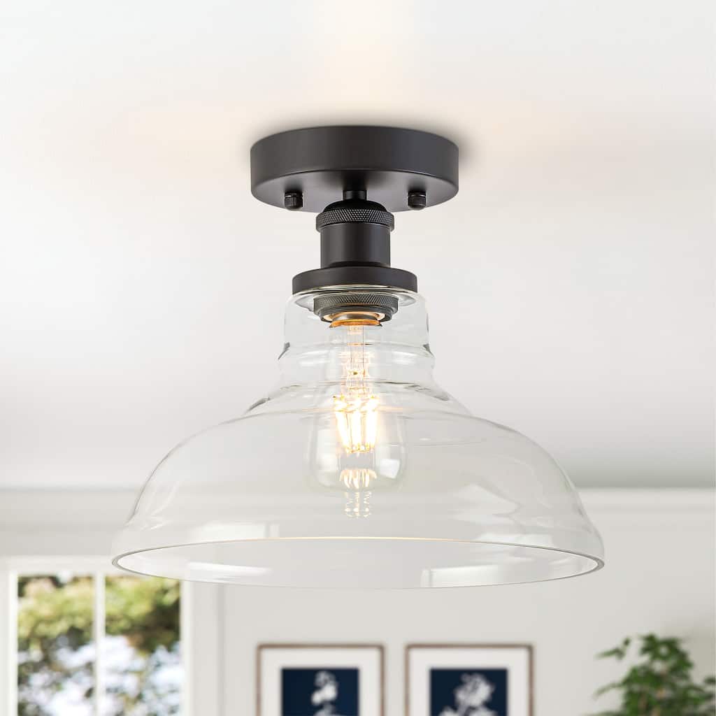 11" Farmhouse Modern Matte Black British Hat Dome Design Semi-Flush Mount Ceiling Light with Clear Glass Shade