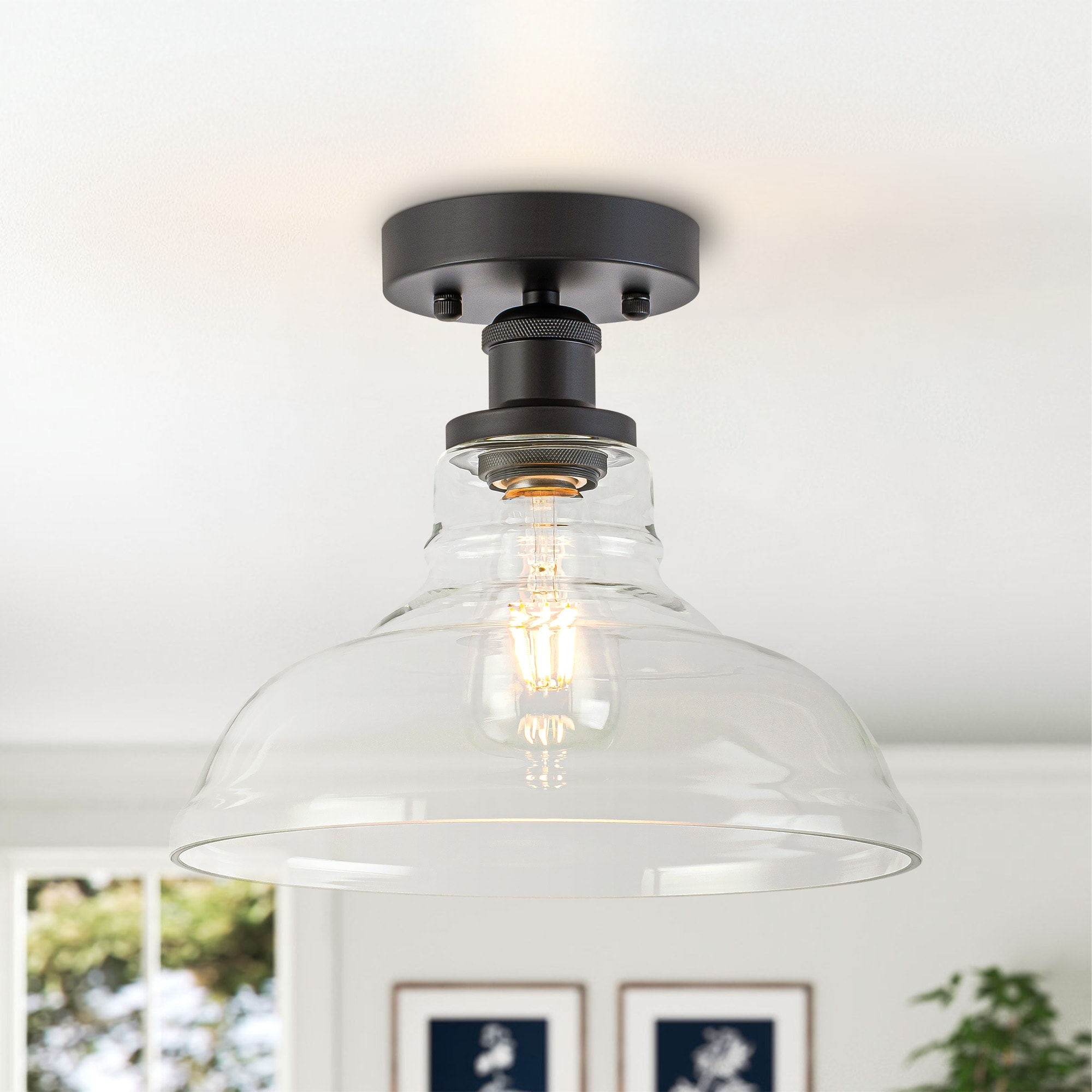 11" Farmhouse Modern Matte Black British Hat Dome Design Semi-Flush Mount Ceiling Light with Clear Glass Shade