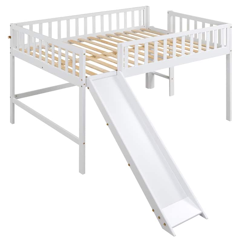 Full Size Low Loft Bed with Ladder and Removable Slide