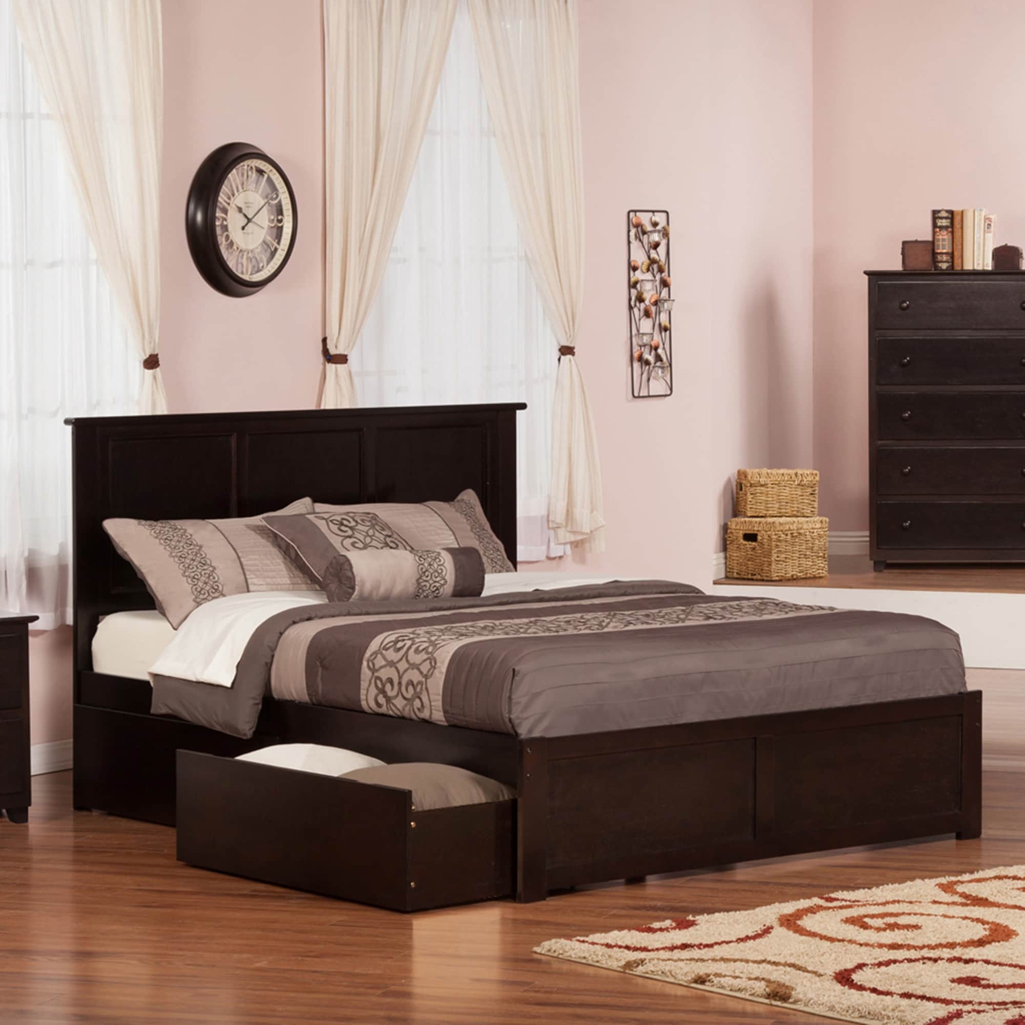 Madison King Solid Wood Platform Bed with Footboard & 2 Storage Drawers in Espresso