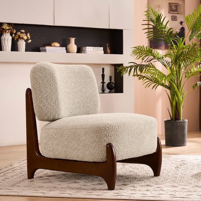 30"W Mid-Century Modern Accent Chair with Solid Wood Frame, Boucle Comfy Living Room Chair for Bedroom Lounge Reading Room
