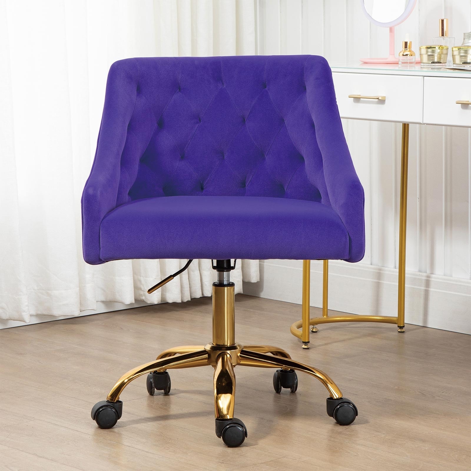 Modern Home Height Adjustment Office Chair Velvet Padded Seat Swivel Armchair with Golden Base and Black 360掳 Swivel Casters