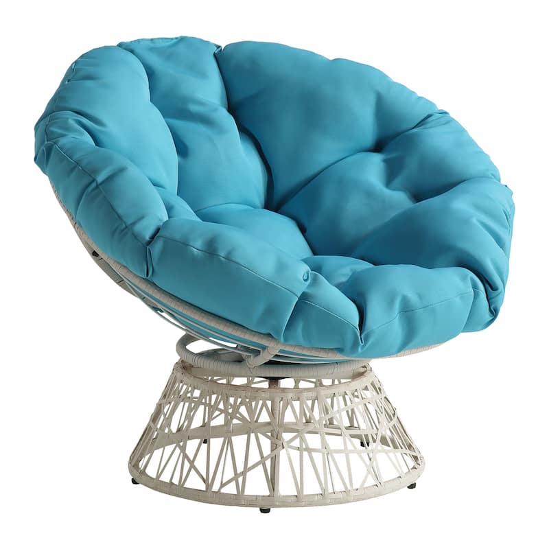 Papasan Chair with Round Pillow Cushion and Cream Wicker Weave - Light Blue