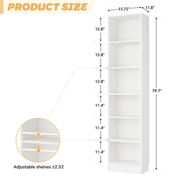 dimension image slide 1 of 6, 80" Tall 6-Tier Bookcase With 2 Adjustable Shelves, Modern Open Storage Shelf for Home Office and Bedroom