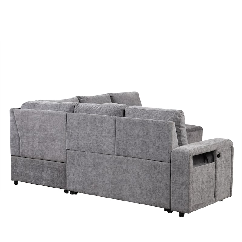 Grey 90.6'' L-Shaped 6-Seat Modular Sofa with Built-In Storage and USB Ports