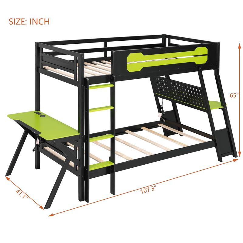 Roomfitters Twin Bunk Bed with Two Built-In Gaming Desks, USB Ports and Pegboard