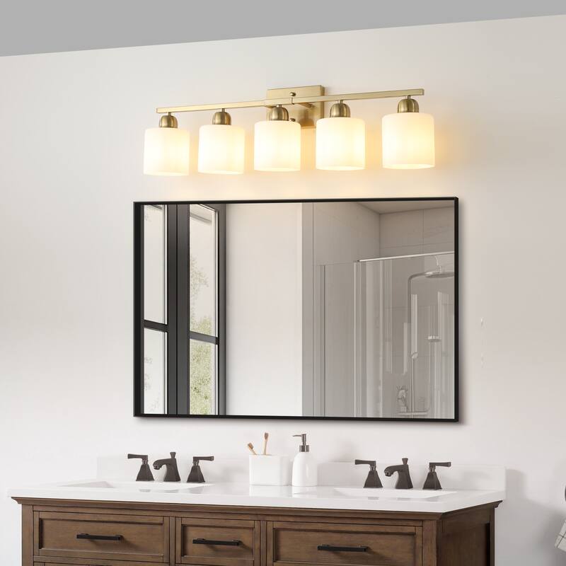5-Light Gold Bathroom Vanity - Milky Frosted Glass - E26 Socket
