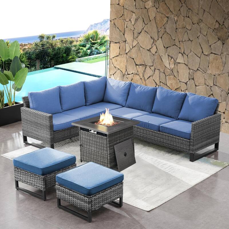 Fire Pit Table with Outdoor Sectional Sofa Ottoman Set - Grey - Blue